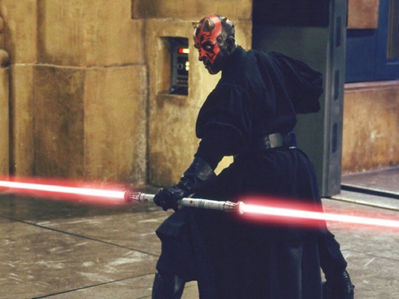 the phantom menace - black outfit, light saber, red and black face, sith, building