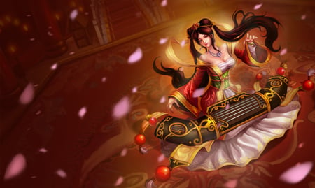 Goqin Sona - champion, skin, female, chinese, lol, petals, pink, harp, sakura petals, league of legend