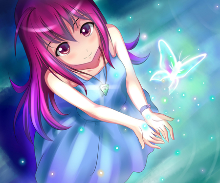 magical girl - anime, magic, snowflakes, dress, from above, long hair, pink eyes, soil, bracelet, nice, pink hair, anime girl, beautiful, pendant, blush, sundress, kawai, simple background, cg, smile, glowing, butterfly, bare shoulders