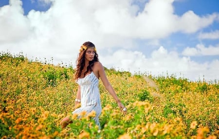 Flower fields - fields, woman, nature, sky, girl, clouds, flowers, lovely