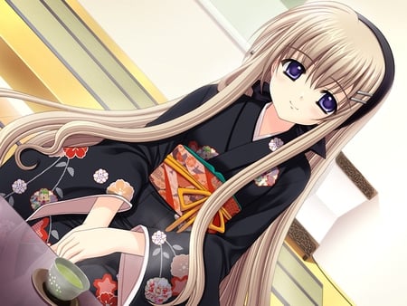 tea time - calm, anime, anime girl, beautiful, tea, kimono, long hair, japanese clothing, yukata, cute, yellow hair, oriental dress