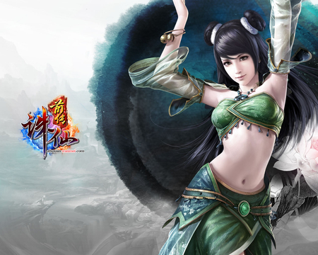 Jade Dynasty - dark hair, lone, female, girl, bilu, long hair, jade dynasty, video game, pigtails, power, games, video games, flower