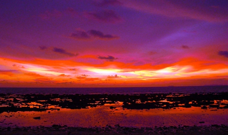 Island sunset - clouds, black, sunset, purple, red, orange, sky