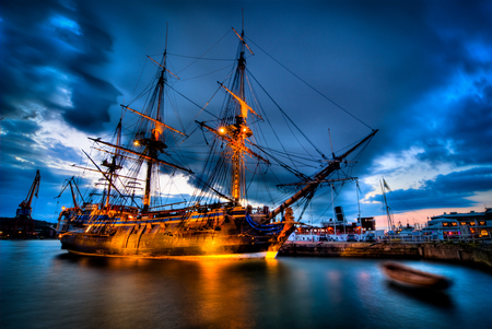 Fuzzy ship - lights, water, fuzzy, beautiful, bay, ship, abstract, night, hdr, blue, sky, clouds