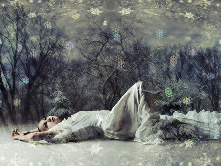 Winter fantasy - beauty, winter, image, snowfakes, bride, fantasy, calm, abstract, snow