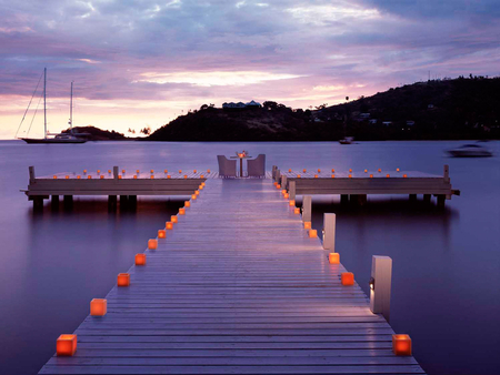 Beautiful Place - sky, lake, lights, dinner, pier