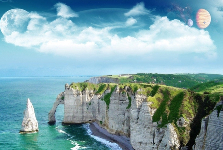 A dreamy world - sky, beach, sailboat, cliff