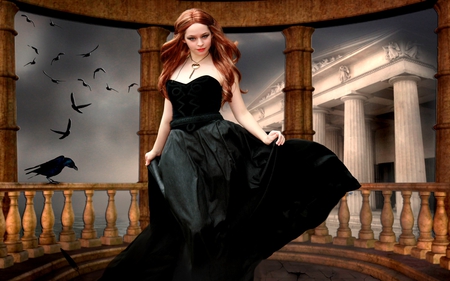 RAVEN PRINCESS - fantasy, black dress, beauty, ravens, castle