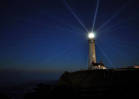 Home Safe - beam, house, sea, stars, light, rocks, sky