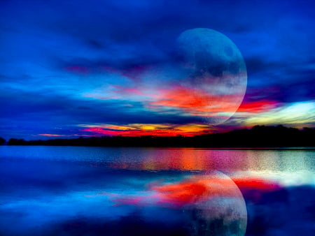 Evening over the sea - moon, sky, water, nature, evening, reflection, clouds, blue, over