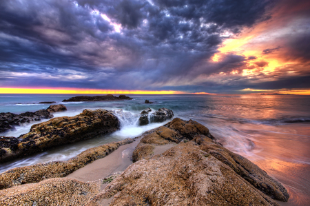 sunset - clouds, scenery, beach, beautiful, landscape, colors, sunset, nature, sky, rocks