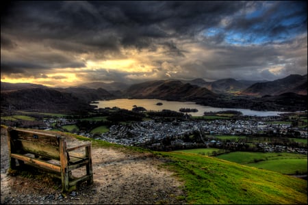 sunset - landscape, beautiful, sky, bench, scenery, houses, clouds, view, sunset, nature, mountain