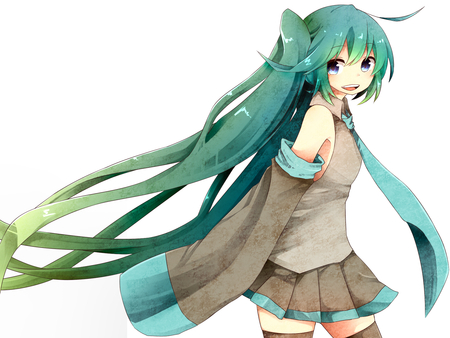 Hatsune Miku - aqua, thigh highs, thighhighs, music, anime girl, stockings, white, amazing, art, cool, aqua eyes, artistic, hatsune miku, skirt, leggings, song, stunning, vocaloids, program, vocaloid, beautiful, uniform, diva, beauty, nice, twintail, aqua hair, singer, black, virtual, pretty, idol, anime, green, miku, cute, twin tail, girl, cg, hatsune, tie, awesome, digital, gray, outfit