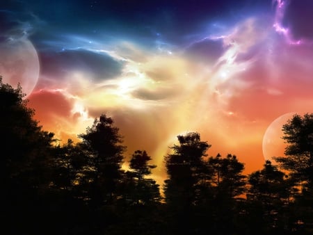 Night Time Fantasy - clouds, trees, colors, orange, silhouettes, space, planets, red, sky