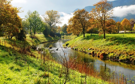 Beautiful River - scenery, blue, rivers, amazing, brown, scene, grass, landscapes, hd, plants, nice, sky, water, tress, beautiful, maroon, colors, cool, orange, white, nature, awesome, green, high definition