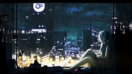 A city girl - girl, anime, city, buildings, lights