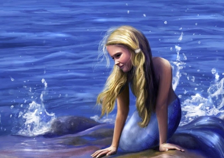 Blue Mermaid - blonde, mermaid, blue, child