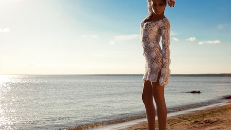 Hot Girl at the Beach - white, beach, sexy, shimmering, girl, hot, sea