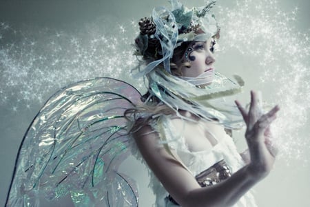 Winter Fairy - winter, girl, lovely, transparent, white, wings, fairy, makeup, art