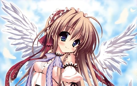 Anime Angel - sky, angel, hot, ribbons, eyes, hair, wings, white, brown, cloud, clouds, anime, ribbon, cute, sexy, girl, background, wallpaper, hd, red, blue, blush