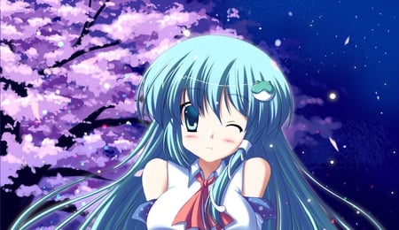 Kochiya Sanae - cyan, anime, blue, blossom, eyes, wink, night, pink, dark, hd, sky, hot, girl, blush, hair, tree, black, cute, background, sexy, wallpaper