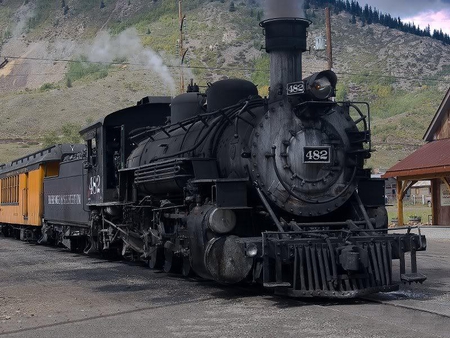 Steam Train - metal, station, sky, mountain, day, daylight, track, steam, tracks, road, nature, train, rail