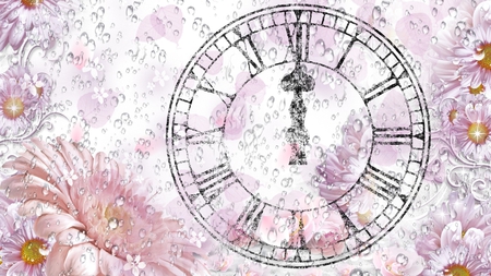 Spring Showers - abstract, raindrops, daisy, clock, light, pink, flowers, time, rain, gerbera