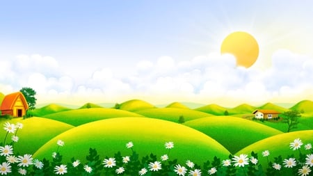 Summer Time - warm, clouds, summer, fields, daisy, spring, grass, home, daisies, houses, sun, sky