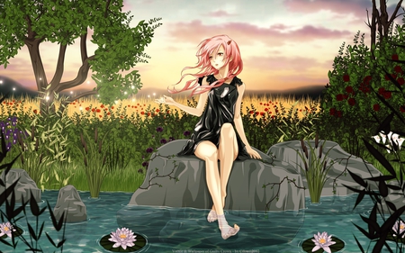 Inori Yuzuriha - pretty, scenery, pond, girl, cute, pink