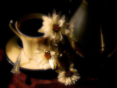 Coffee and daisies - morning, coffee, flowers, daisies, morning coffee, cup