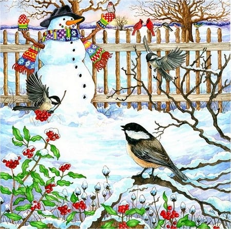 Wendy Edelson (DETAIL) - winter, bird, snowman, drawing, christmas, art, holiday, fence, cardinal, wendy edelson, ice, snow, new year