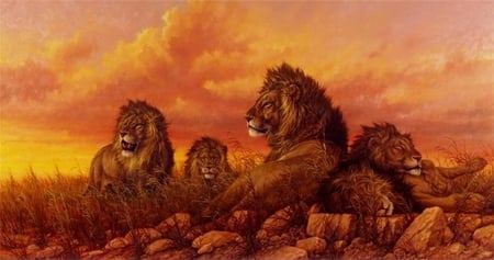 By Larry Fanning - animal, sunset, larry fanning, painting, lion, art