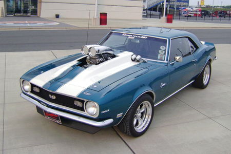 1968 Chevy Camaro - blown, white stripes, gm, blue