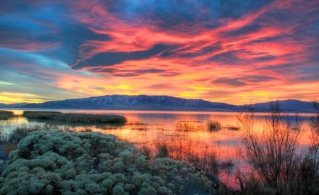 fiery sunset over utah - twilight, lake, sunset, utah