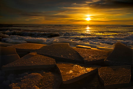 Winter sunrise - sun, water, image, amazing, reflection, clouds, ice, background, seascape, winter, shore, waves, nature, picture, beautiful, sea, sunrise, morningmsky