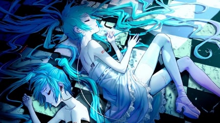 vocaloid - anime, vocaloid, blue, nap, hair, sleep, miku, cute, sexy