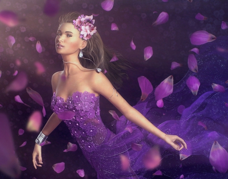 Falling Bloom - pretty, female, dress, eye, purple, hd, princess, face, beautiful, girl, digital art, beauty, lovely, flower, hair, bloom, digital painting, cg, fantasy, graceful, 3d