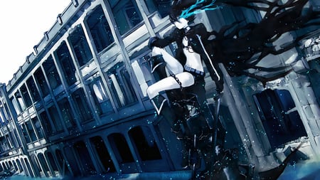 black rock shooter - black, attack, anime, blue, shooter, rock, sit, girl