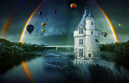 Wonderland - rainbow, background, magic, water, image, baloon, place, fantasy, abstract, wonderland, castle, 3d, beautiful, fairy