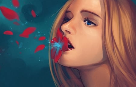 Flower Touch - beauty, lips, female, eyes, hair, eye, fantasy, face, red lip, pretty, anime, cute, touch, girl, leave, lovely, cg, hd, red, leaves, flower, blonde