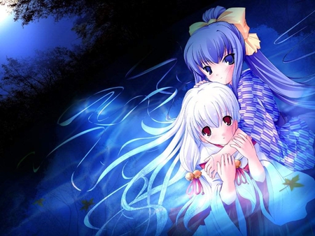 Two Cute Anime Mikos at Night - anime, ponytail, hand on head, bells, night, long hair, white hair, robe, red eyes, mikos, blue hair, cute anime girls, blue eyes