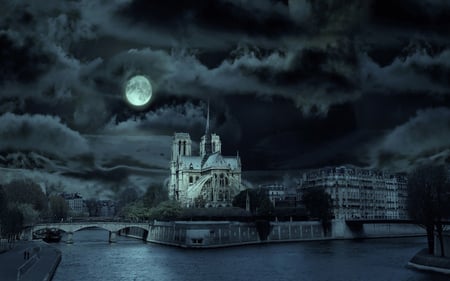 Notre Dame de Paris - sky, buidling, france, river, clouds, architecture, rivers, seine, bridge, monuments, moon, light, night, paris, nature, beautiful, notre dame de paris, cathedral, notre dame