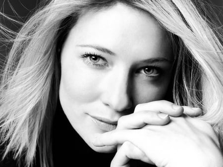 Cate Blanchett - woman, hands, actress, hair, eyes, black and white, face, portrait, cate blanchett, blonde