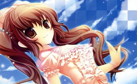 Himekaidou Hatate - sky, hot, eyes, hair, brown, dark, cloud, clouds, anime, cute, sexy, girl, background, wallpaper, squares, hd, blue, red, blush