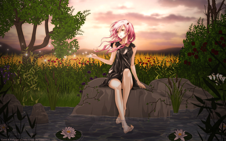 yuzuriha inori - anime, legs, dress, grass, plant, short dress, long hair, yuzuriha inori, solo, black dress, hairclip, pink hair, sitting, stone, water, guilty crown, girl, sundress, flower, tree, kawai, highres, barefoot, cloud