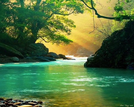 Green Valley - beauty, valley, landscape, sunlight, trees, sun, peace, water, rocks, nature, river, green, vegetation, natural