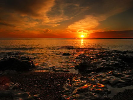 Seascape - clouds, beach, sea, night, reflection, sunset, red, seascape, sands, sky