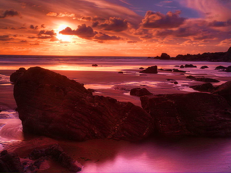 Summer sunset - red, purple, water, beautiful, stones, sky, reflection, clouds, summser, sunset, sea