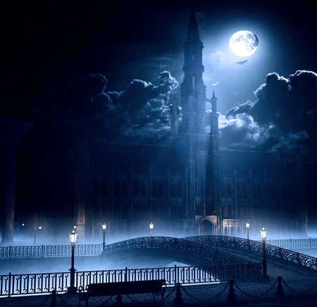 Moonlight shadow - moonlight, fullmoon, bridge, church, night, shadow, blue, city, monument, splendor, beauriful, moon, nature