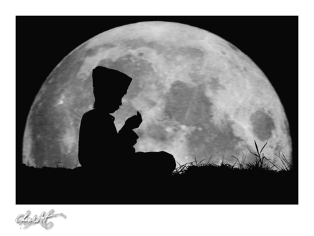 PRAY - moon, silhouette, photography, pray, bw